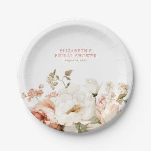 Earthy Botanical Dusty Rose Floral Bridal Shower Paper Plates