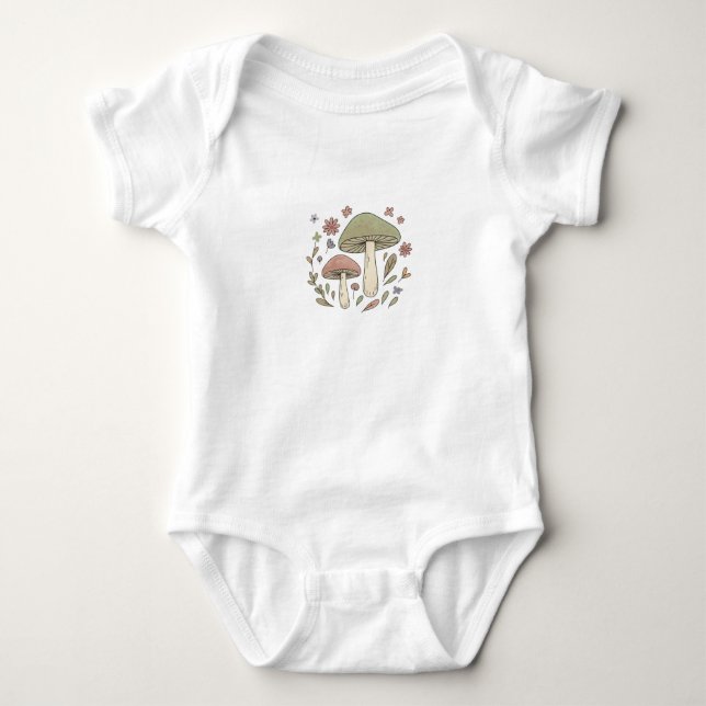 Earthy Botanical Mushroom Graphic Baby Bodysuit (Front)