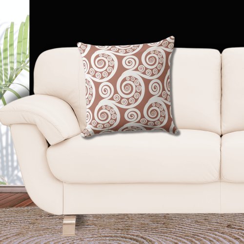 Earthy Bronze  White Koru Curl Pattern Throw Pillow