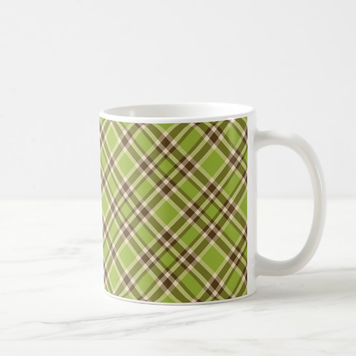 Earthy Brown and Green Diagonal Plaid Coffee Mugs