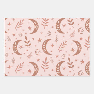 Earthy brown boho moon pattern on cream  wrapping paper sheets
