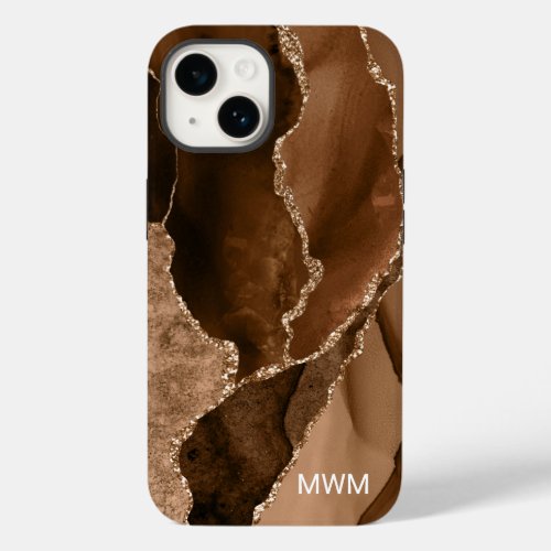Earthy Brown Gold Veins Agate Monogram Case_Mate iPhone 14 Case
