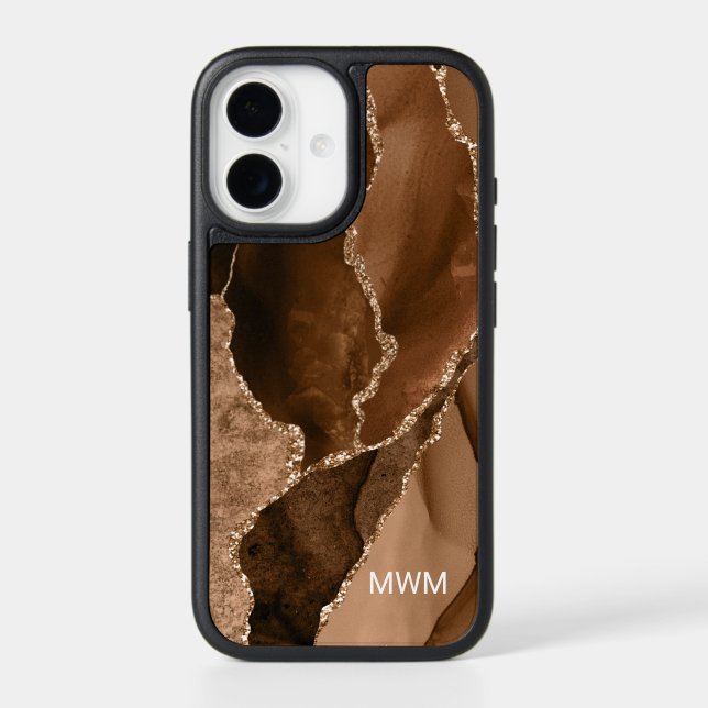 Earthy Brown Gold Veins Agate Monogram Otterbox iPhone Case (Back)