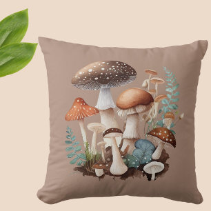 Earthy Brown Green Woodland Mushroom Cute Rustic Throw Pillow