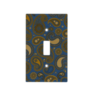 Earthy Brown Paisley pattern on blue fabric Light Switch Cover