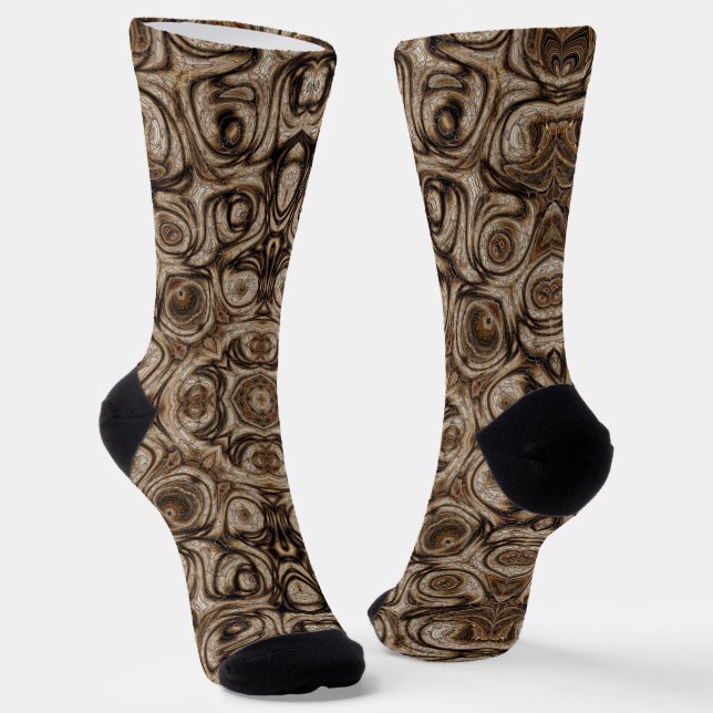 Earthy Brown Swirl Mandala with Woodgrain Effect Socks (Angled)