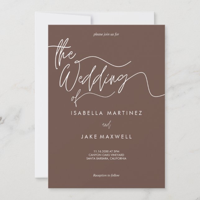 Earthy Brown & White Elegant Script Wedding Invitation (Front)