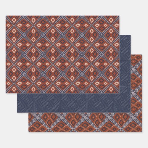 Earthy Browns and Blue Mud Cloth Style Wrapping Paper Sheets