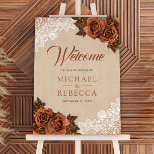 Earthy Burlap Terracotta Rose Wedding Welcome Sign