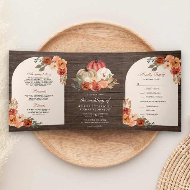 Earthy Burnt Orange Floral Pumpkin Wood Wedding Tri-Fold Invitation (Creator Uploaded)