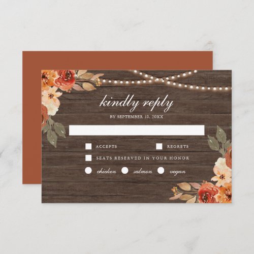 Earthy Burnt Orange Floral Wood Terracotta Wedding RSVP Card