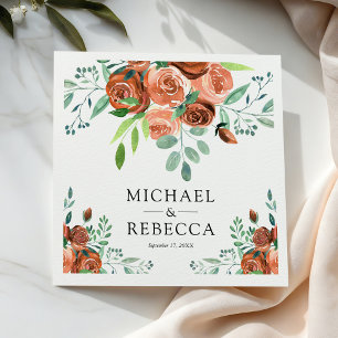 Earthy Burnt Orange Rose Terracotta Floral Wedding Napkins