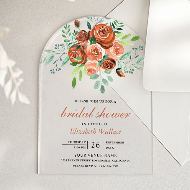 Earthy Burnt Orange Roses Bouquet Bridal Shower Acrylic Invitations (Creator Uploaded)