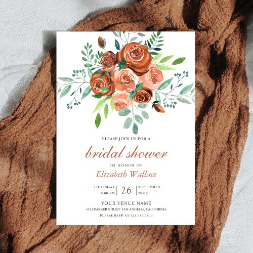 Earthy Burnt Orange Roses Bouquet Bridal Shower Invitation