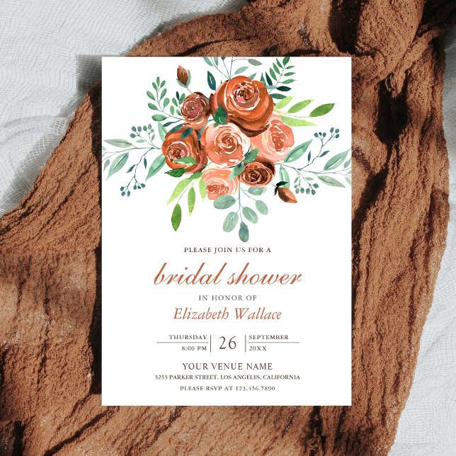 Earthy Burnt Orange Roses Bouquet Bridal Shower Invitation (Creator Uploaded)