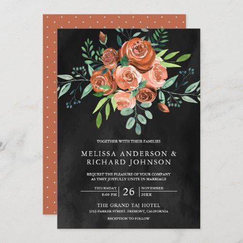 Earthy Burnt Orange Roses Floral Dark Grey Wedding Invitation