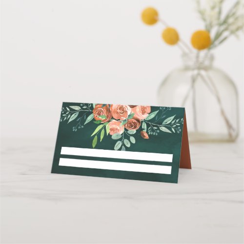 Earthy Burnt Orange Roses Floral Emerald Wedding Place Card