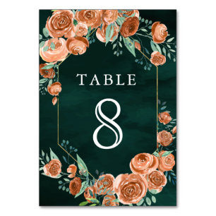 Earthy Burnt Orange Roses Floral Emerald Wedding Table Number