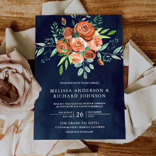 Earthy Burnt Orange Roses Floral Navy Blue Wedding Invitation