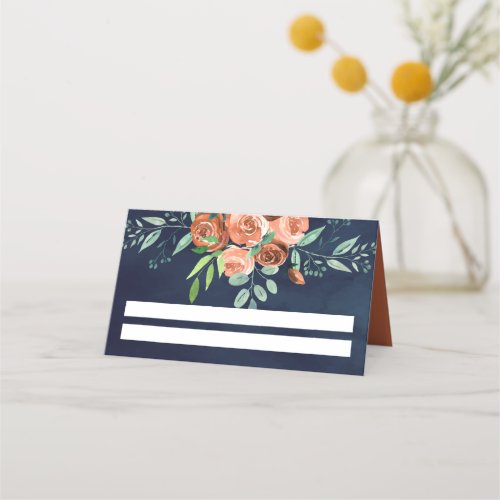 Earthy Burnt Orange Roses Floral Navy Blue Wedding Place Card