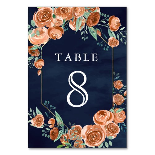 Earthy Burnt Orange Roses Floral Navy Blue Wedding Table Number