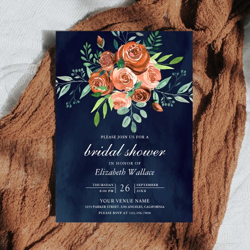 Earthy Burnt Orange Roses Navy Blue Bridal Shower Invitation