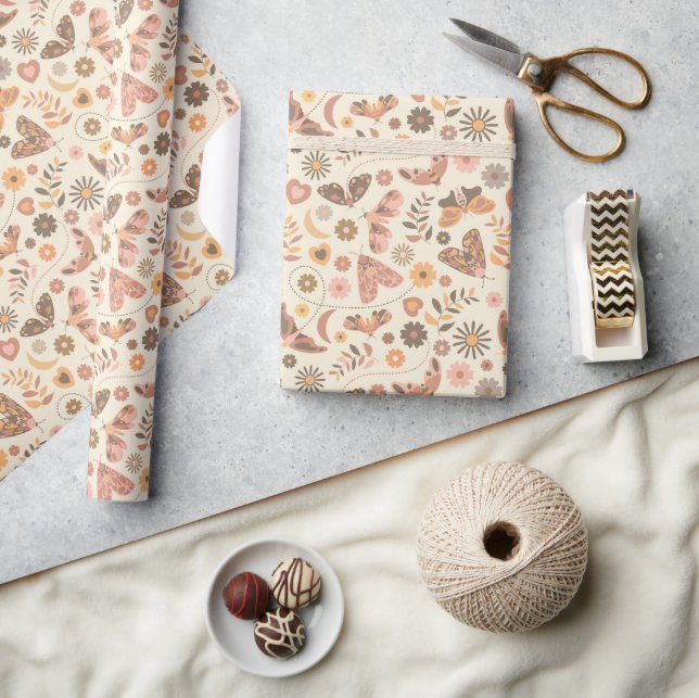 Earthy Butterfly and Floral Pattern Wrapping Paper (Crafts)