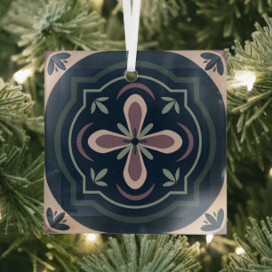earthy colored floral geometric tiles glass ornament