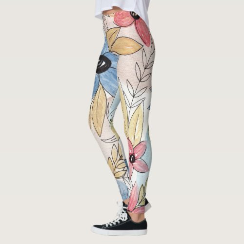 Earthy Colored Watercolor Floral Leaves Art Leggings