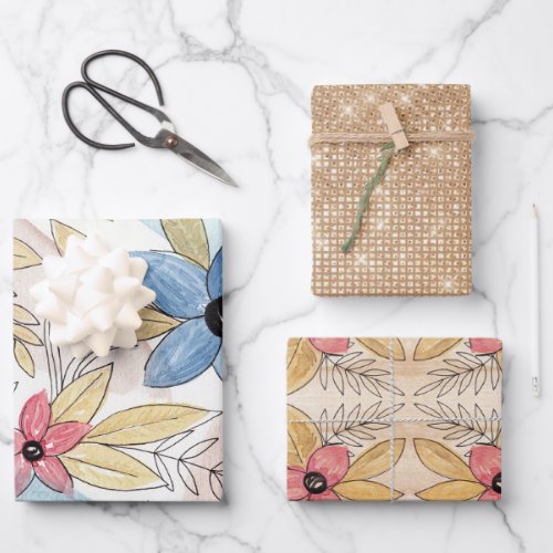 Earthy Colored Watercolor Floral Leaves Art Wrapping Paper Sheets