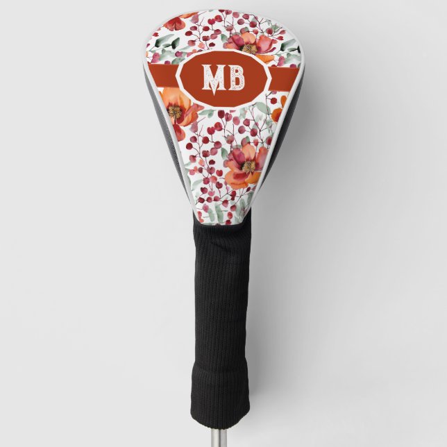 Earthy Colors, Fall Flowers Monogrammed Golf Head Cover (Front)