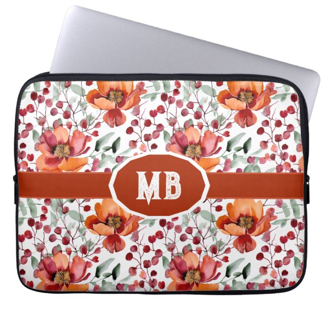 Earthy Colors, Fall Flowers Monogrammed Laptop Sleeve (Front)