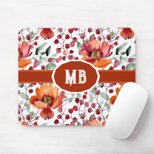 Earthy Colors, Fall Flowers Monogrammed Mouse Pad (With Mouse)