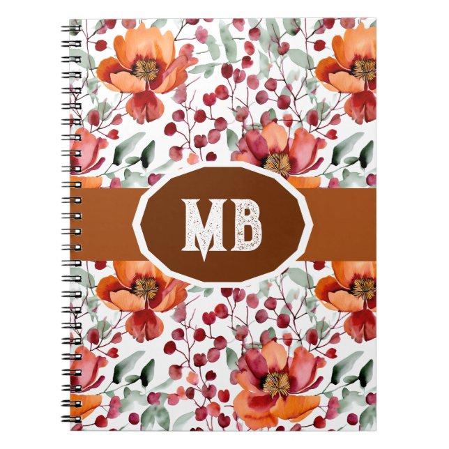 Earthy Colors, Fall Flowers Monogrammed Notebook (Front)