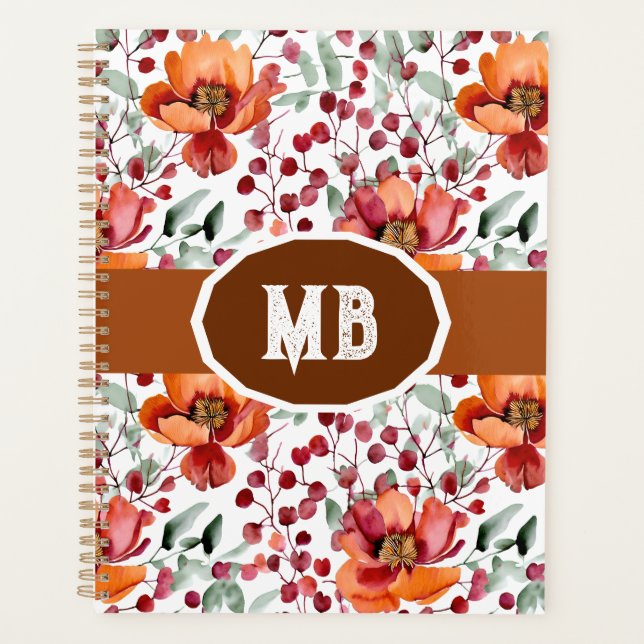 Earthy Colors, Fall Flowers Monogrammed Planner (Front)