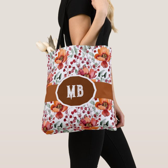 Earthy Colors, Fall Flowers Monogrammed Tote Bag (Close Up)