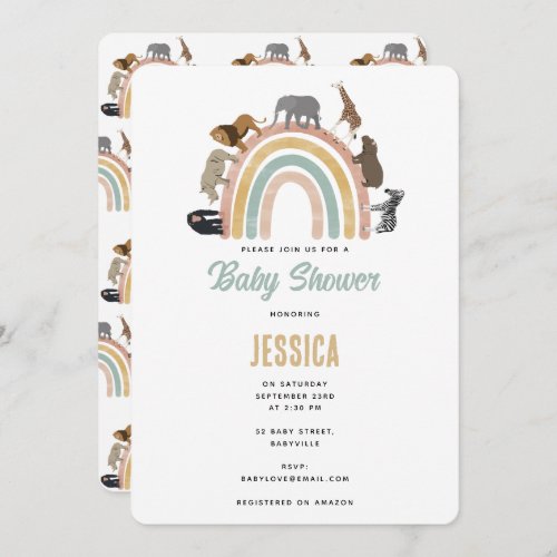 Earthy Colors Rainbow Jungle Animals Baby Shower Invitation
