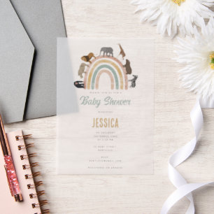 Earthy Colors Rainbow Jungle Animals Baby Shower Vellum Invitations