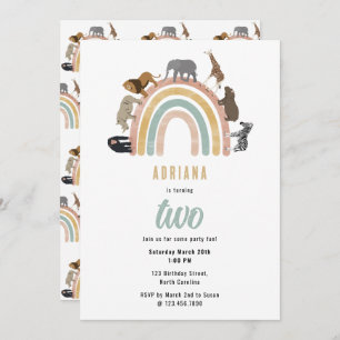 Earthy Colors Rainbow Jungle Animals Birthday Invitation