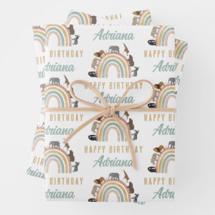 Earthy Colors Rainbow Jungle Animals Birthday Name Wrapping Paper Sheets