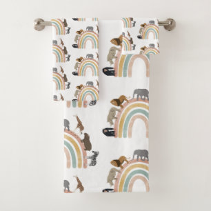 Earthy Colors Rainbow Jungle Animals Pattern  Bath Towel Set