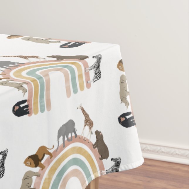 Earthy Colors Rainbow Jungle Animals Pattern  Tablecloth (In Situ)