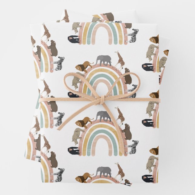 Earthy Colors Rainbow Jungle Animals Pattern Wrapping Paper Sheets (In situ)