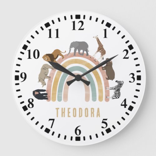 Earthy Colors Watercolor Rainbow Jungle Animals Large Clock