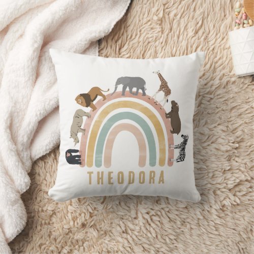 Earthy Colors Watercolor Rainbow Jungle Animals  Throw Pillow