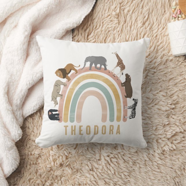 Earthy Colors Watercolor Rainbow Jungle Animals  Throw Pillow (Blanket)