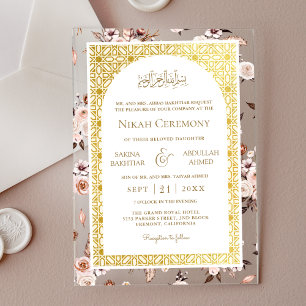 Earthy Cream Floral Gold Pattern Muslim Wedding Acrylic Invitations