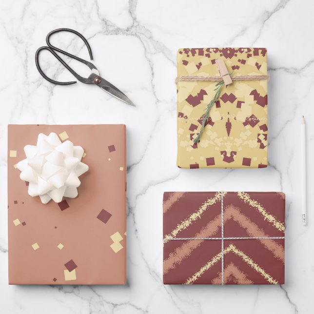 Earthy Dancing Squares and Stripes Wrapping Paper Sheets (Front)
