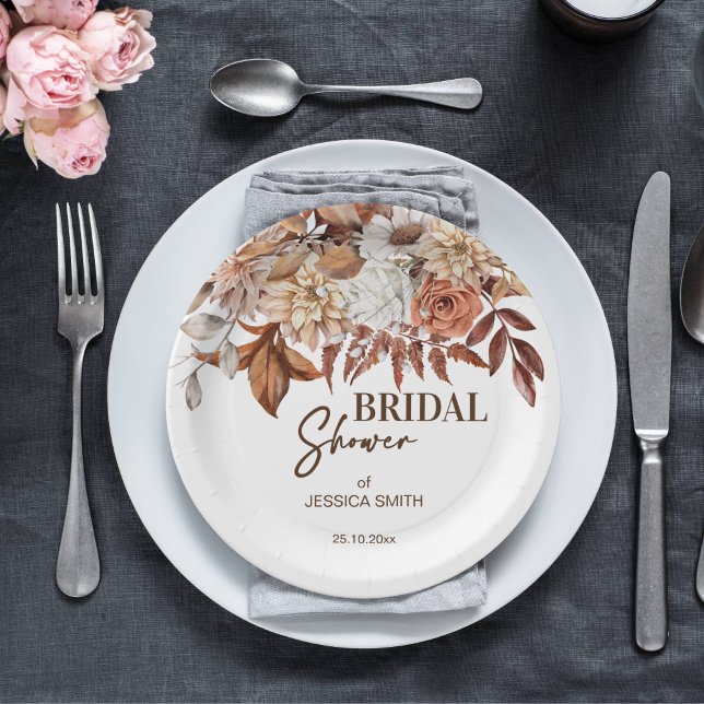 Earthy desert boho bridal shower tableware paper plates (Boho earthy desert brown fall themed bridal shower tableware personalized paper plates dried roses)