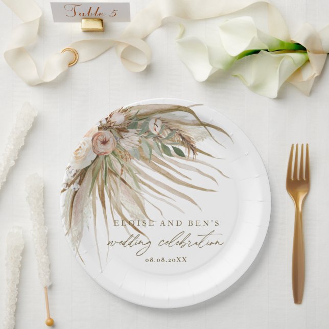 Earthy Dried Pampas Grass Floral Wedding Bridal Paper Plates (Wedding)